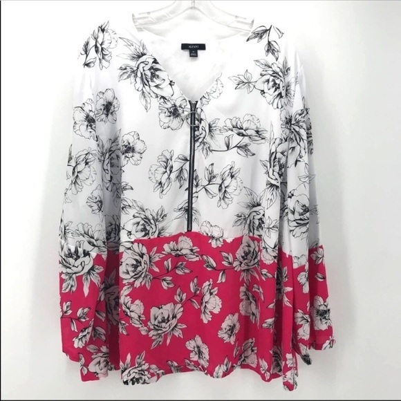 NEW Alfani Plus Top Blouse White Fuchsia Floral Peony Long Sleeves V Neck 0X - Picture 3 of 8